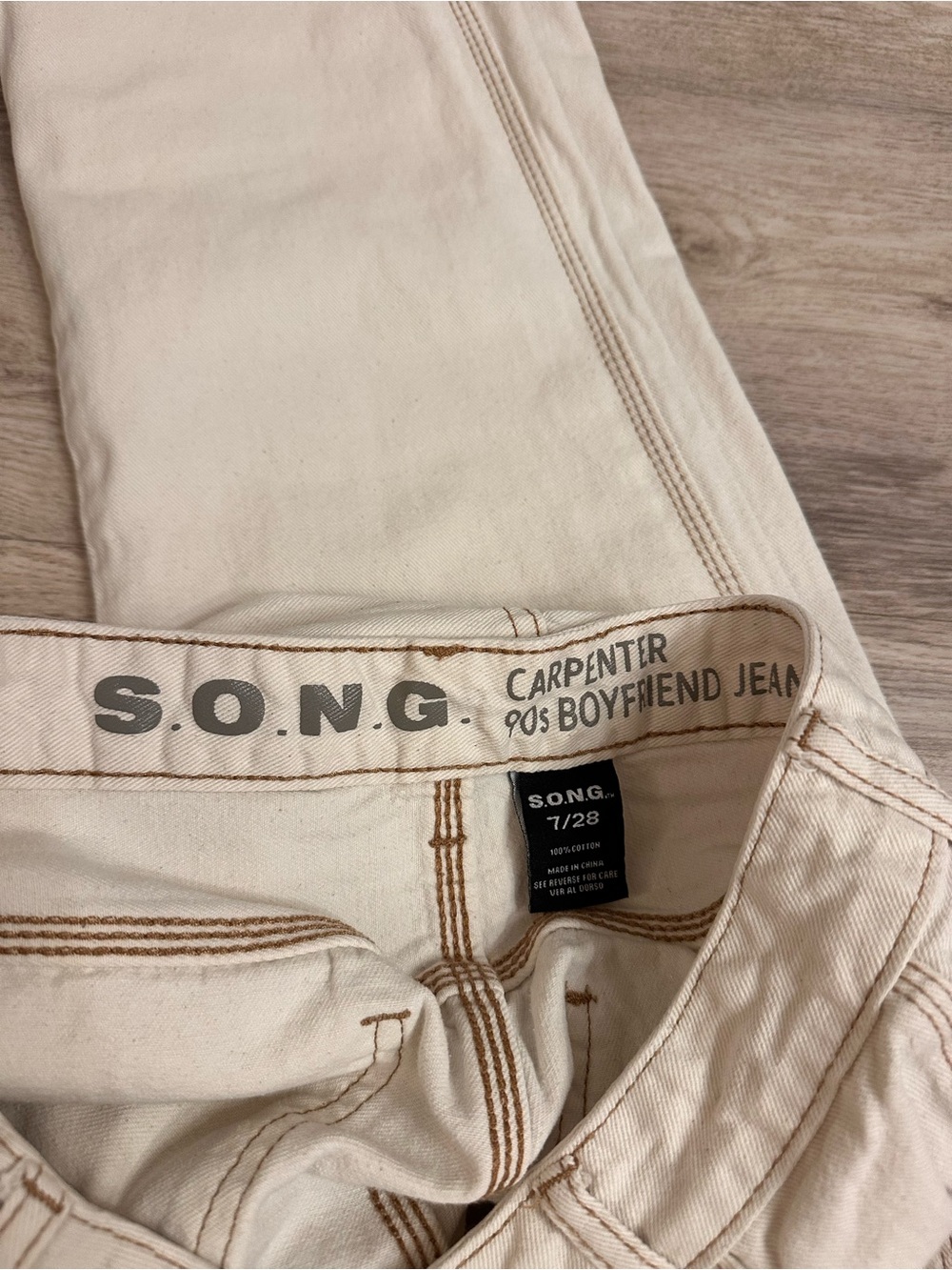 S.O.N.G. 90s Boyfriend Carpenter Jeans Cream Wide Leg Women’s 7/28 - Picture 5 of 7